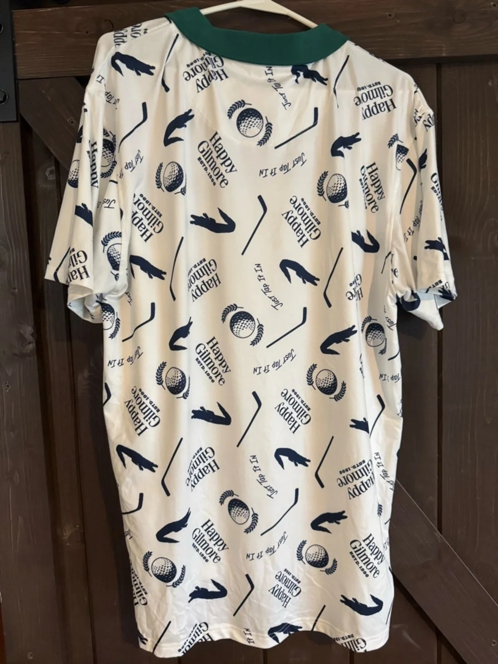 Happy Gilmore Golf Print Polo in White & Navy with Green Collar - Picture 2 of 2